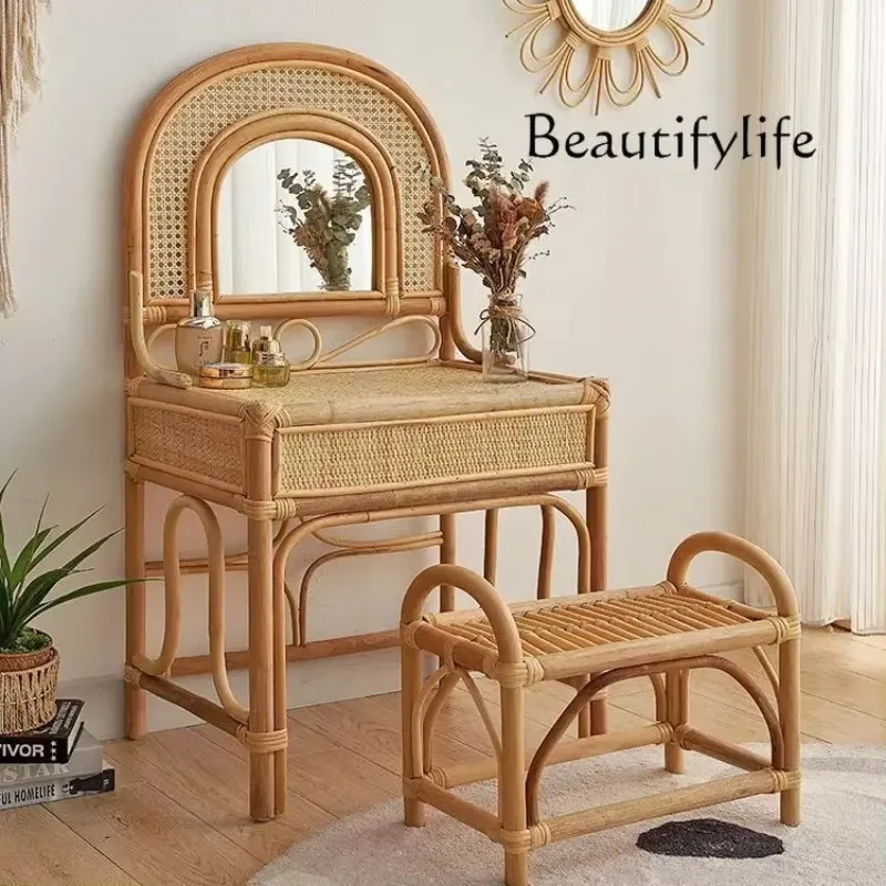 XB BJ Nordic Retro Pure Handmade Rattan With Mirror Dresser Indonesian Real Rattan Braided With Cabinet Rack