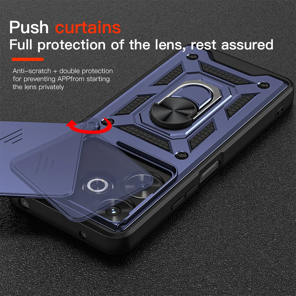 KEYSION Shockproof Case for Redmi 13 Slide Push Pull Camera Lens Protection Ring Stand Phone Back Cover for Xiaomi POCO M6 4G