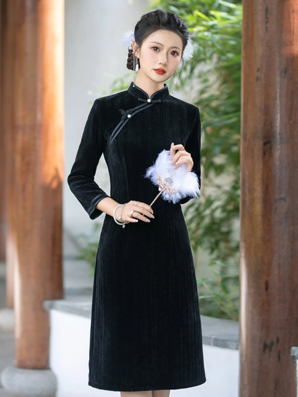 

Slimming Mommy Sle Bla Chinese Traditional Long Sve Vintage Women's Dr Spring Autumn Wear Polyester Fiber