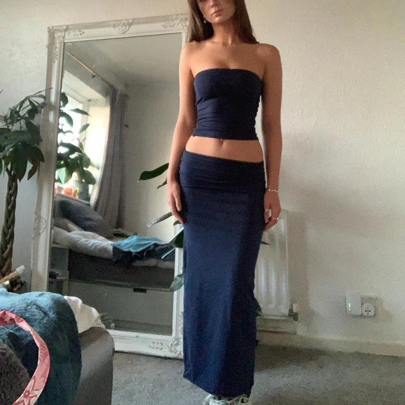 90s Vintage Backless Cropped Camis 2 Piece Set 00s Retro Y2K Lace Trim Strapless Tube Tops + Long Skirt Wrap Bodycon Streetwear