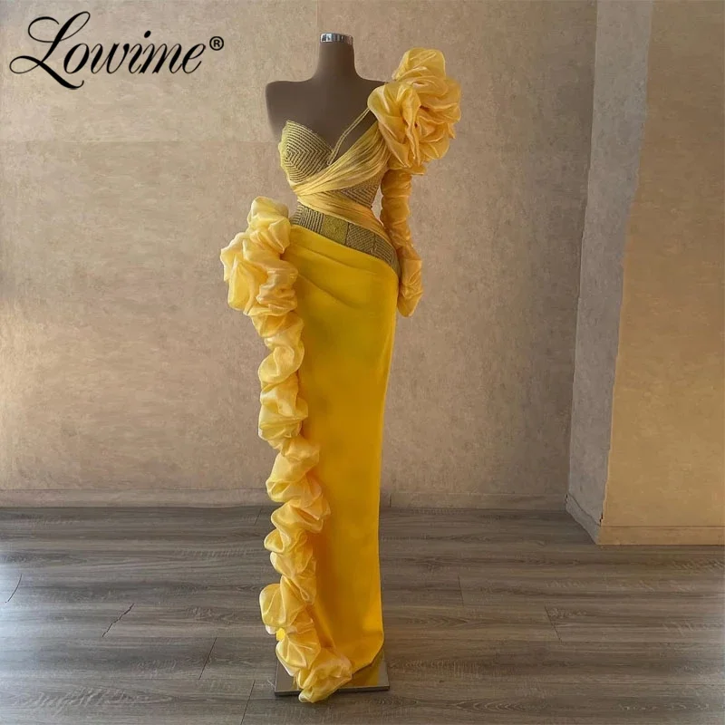 Lowime amarelo um ombro vestidos de noite 2022 manga única plus size longo árabe africano vestidos de baile vestidos de noite robes