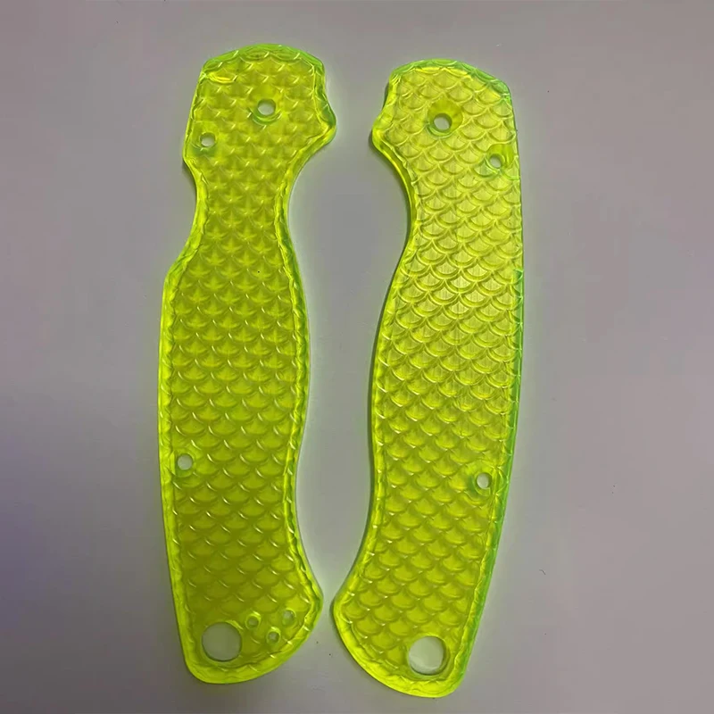 Fluorescente verde transparente acrílico faca lidar com patches, escalas para Genuine Spyderco, C81, Paramilitar2, Para2 facas, 1 par