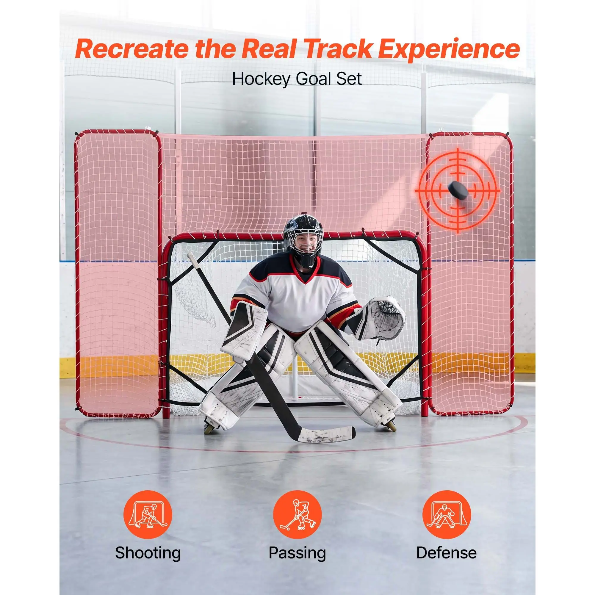 Hockey Goal with Backstop and Targets, 10x6FT Street Steel Hockey Goal Set, Pro Lightweight and Portable Training Equipment, Durable Net for Indoor & Outdoor Use, Easy Assembly, White/Red