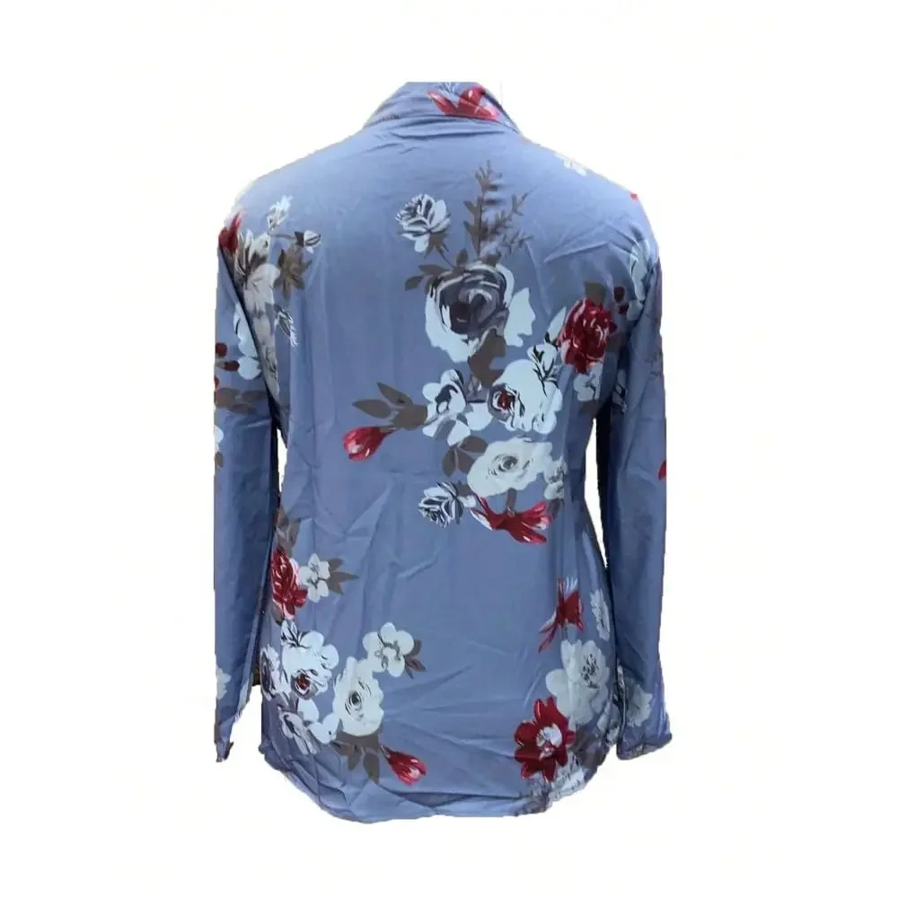 Vintage-Bluse mit Blumenmuster für Damen, Stehkragen, halbe Knopfleiste, 3/4-Arm, lockerer, fließender Schnitt – Detail 5