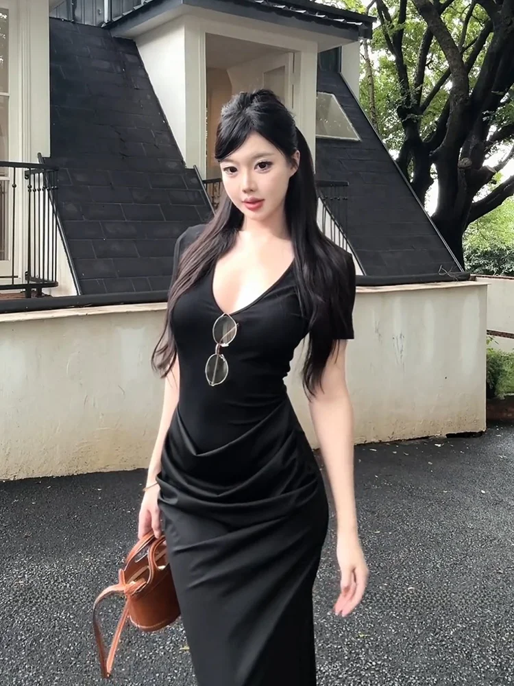 

Slimming V-Neck Pencil Skirt STAZF7 Women's Summer Fashion Black Long Dress Commute Style Korean Version Short Sleeve Midi Dress