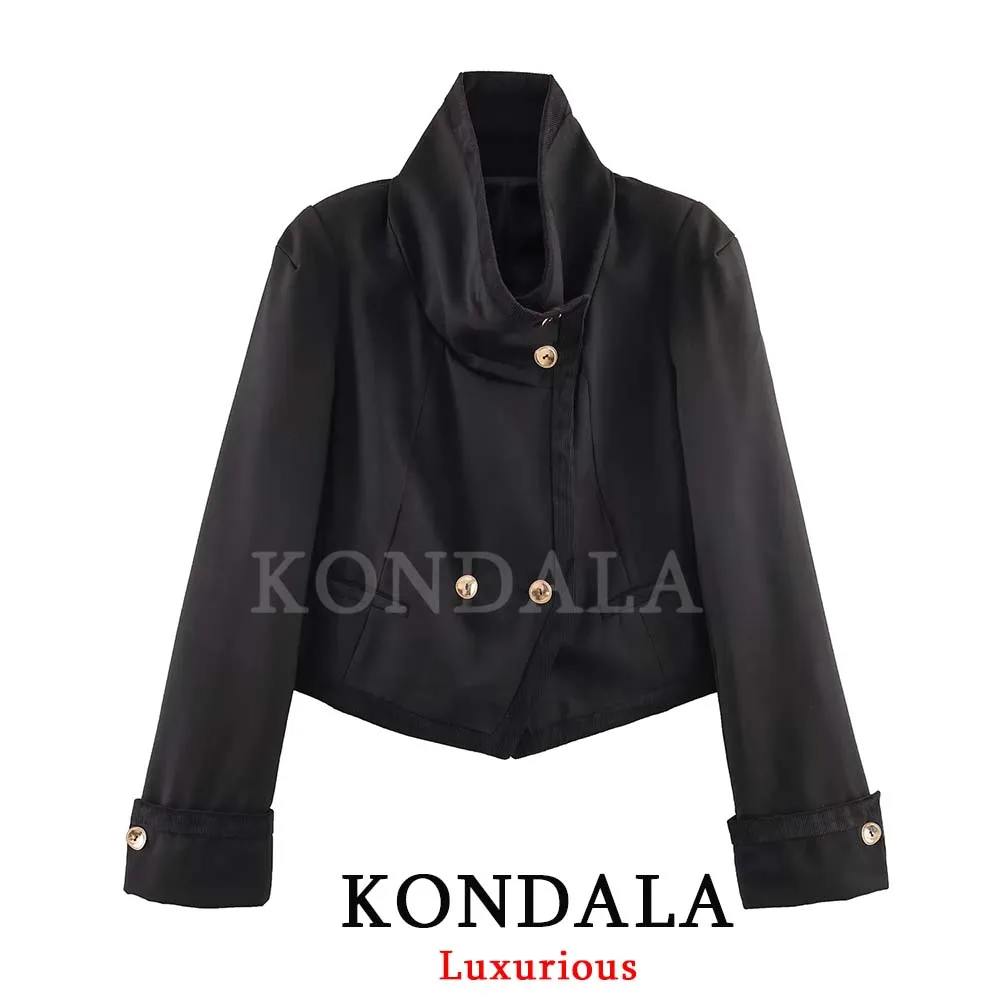

KONDALA Vintage Casual Chic Women Jackets Black Solid Stand Collar Single Breasted Short Coats New Fashion 2026 Spring Jackets