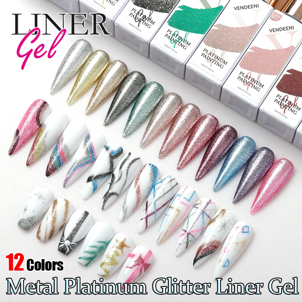 Vendeeni 12 Colors Glitter Metal Platinum Liner Gel Nail Polish Graffiti Stripe French Nails Gel Varnish UV Painting Spider Gel