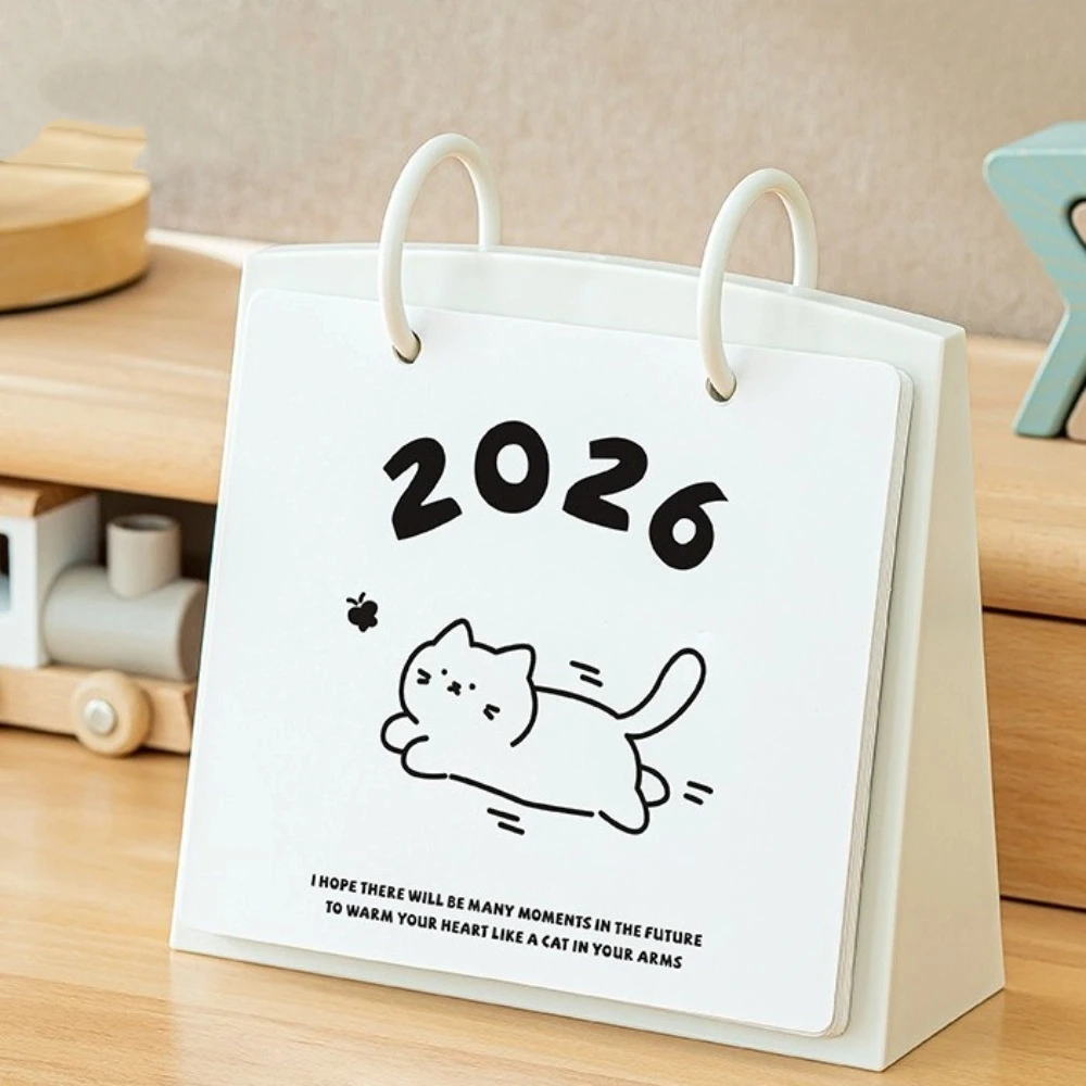 Creative Plastic 2026 Desktop Calendar Cat Pattern Portable Standing Flip Calendar Stable Base Cartoon Table Planner School
