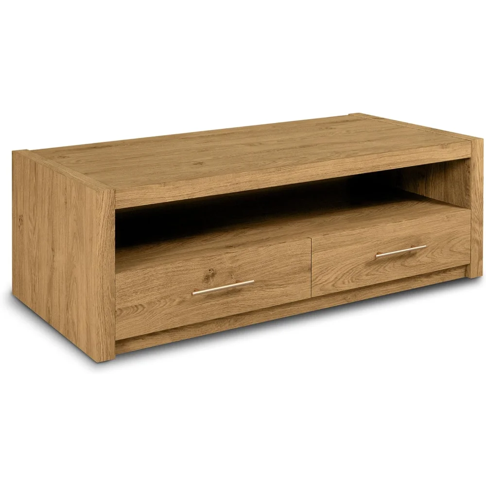51" Oak Wood Coffee Table with 2 Soft-Close Drawers and Open Shelf Storage, Rustic Finish