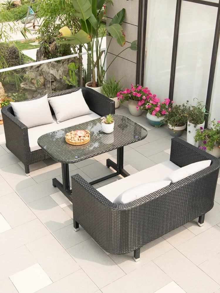 Outdoor rattan sofa booth open-air garden combination courtyard imitation rattan leisure furniture rattan chair outdoor