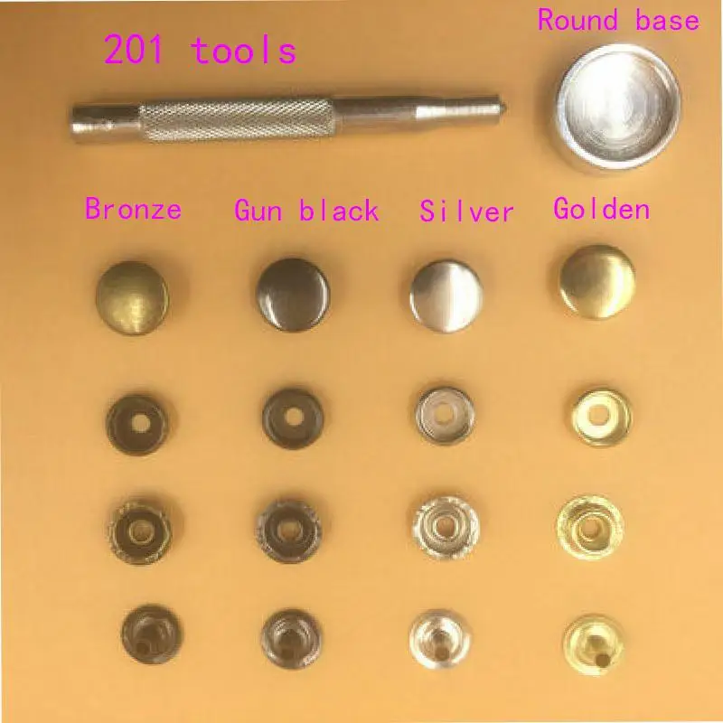 Metal Snap Fastener Button, Round Base Pins, Stud para bolsa de couro, roupas e jaqueta Repair Rivet, 201Tools, 10mm, 12mm, 15mm, 17mm, 20mm, 25 conjuntos por saco