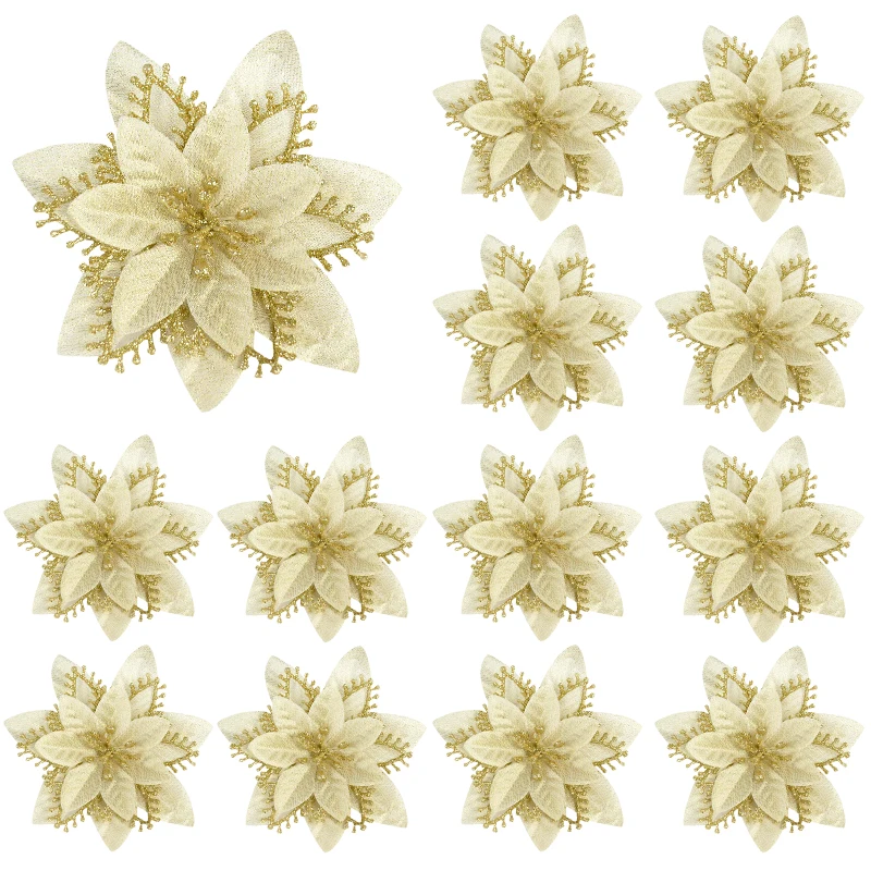 5pcs 13cm Gold Silver Artificial Christmas Flowers Glitter Silk Flower Head For Christmas Tree Ornament DIY Wedding Party Decor