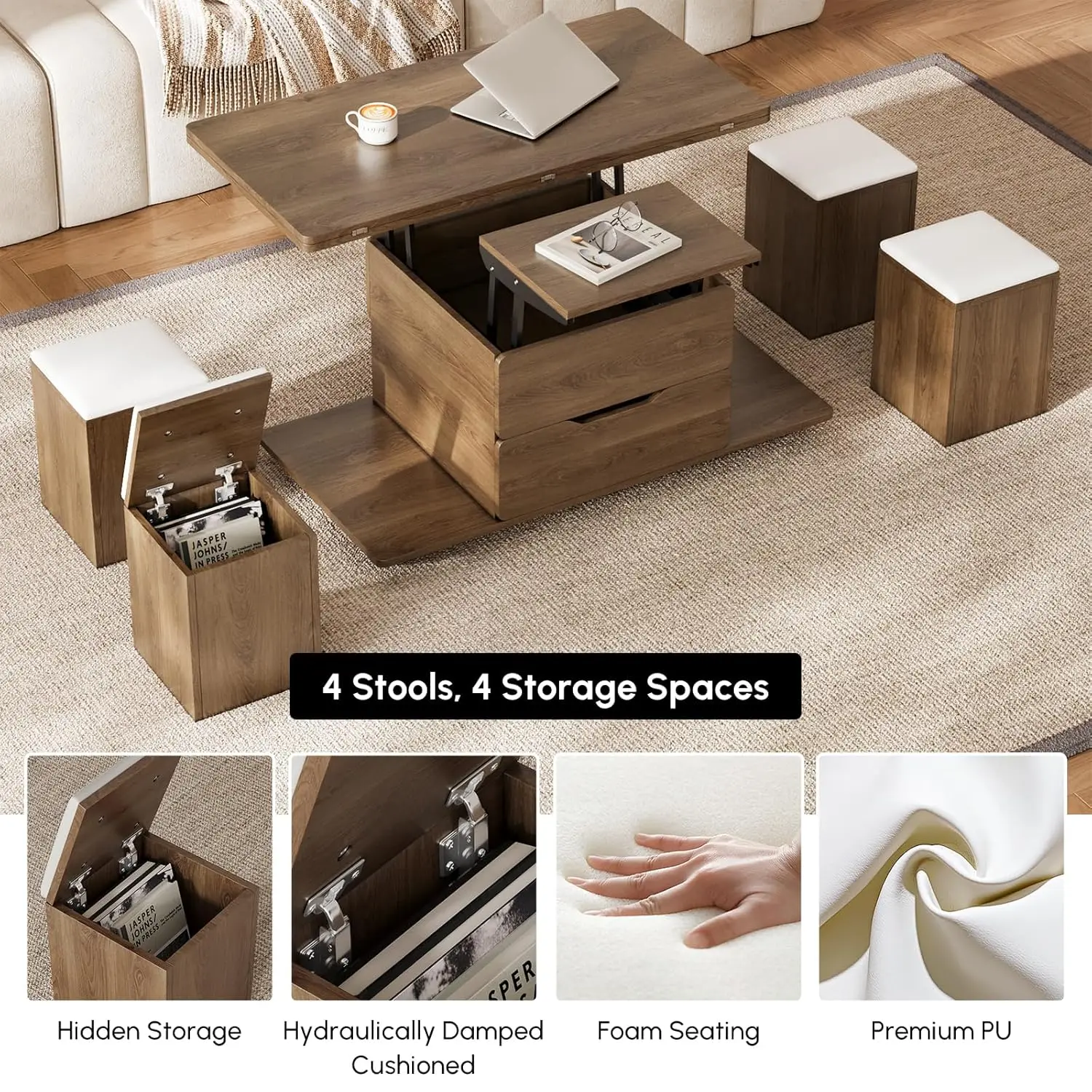 Lift-Top Coffee Table With Hidden Storage, 3-in-1 Modern Folding Center Table With 4 Stools, Casters, And Lockable Wheels – Conv