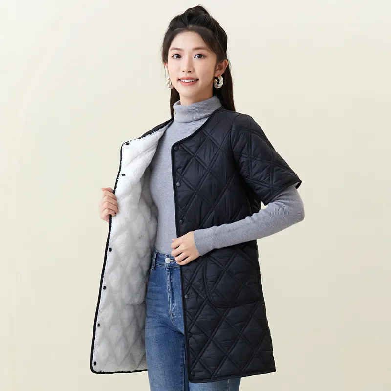 

2024 New Autumn Winter Down Cotton Vest Women Mid Length Lightweight Cotton Jacket Half Sleeved Windproof Warm Cotton Coat