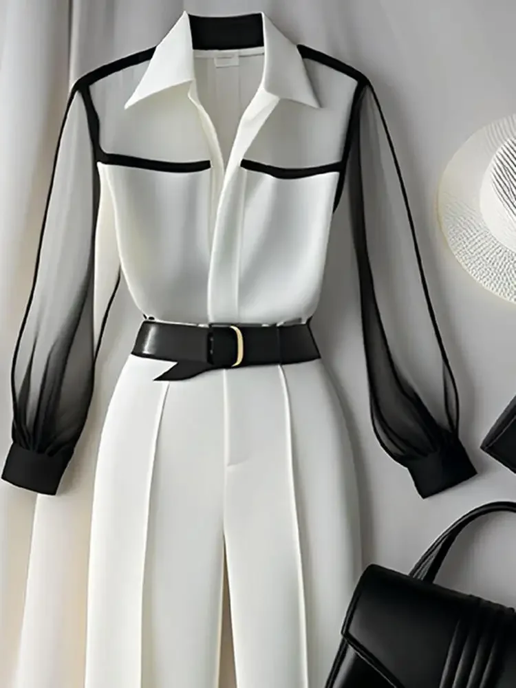 

White Tailored Trousers Loose Pants Suit Womens Two Sets Vintage Perspective Shirt Autumn Blouse Sleeve Korean Top ZT59