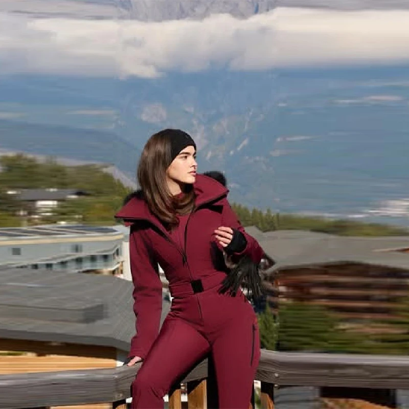 

Утепленный цельный лыжный костюм, женская ветрозащитная водонепроницаемая лыжная одежда, зима 2025 года, пальто с капюшоном и кисточками, комбинезоны с высокой талией и поясом