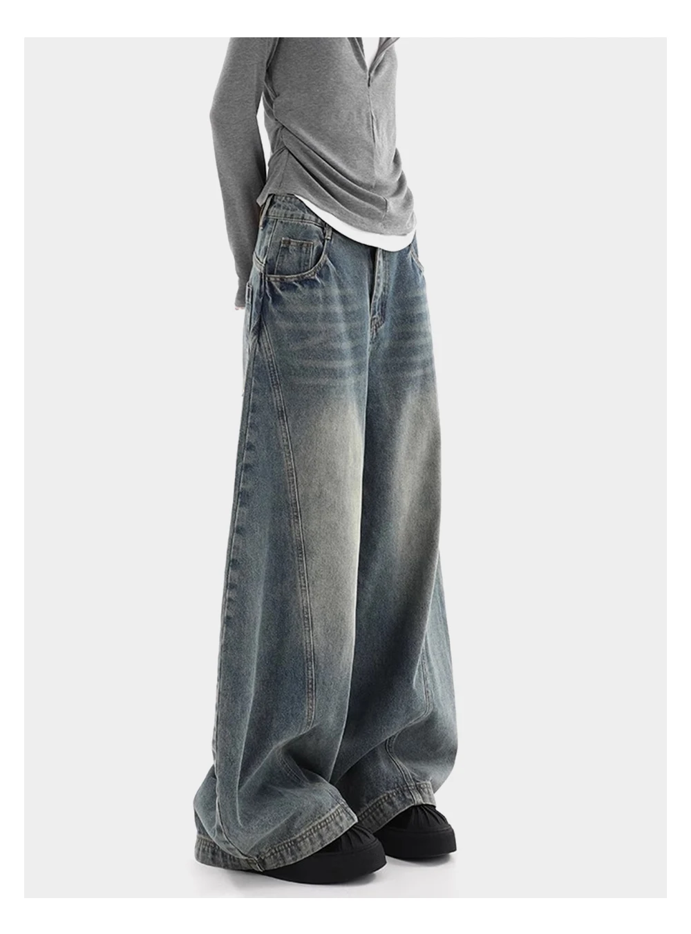 Gespleißte Jeans mit weitem Bein für Herren, gewaschen, Distressed, Retro, High Street, lockere Denim-Hose, Baggy-Hose für Herren – Detail 5