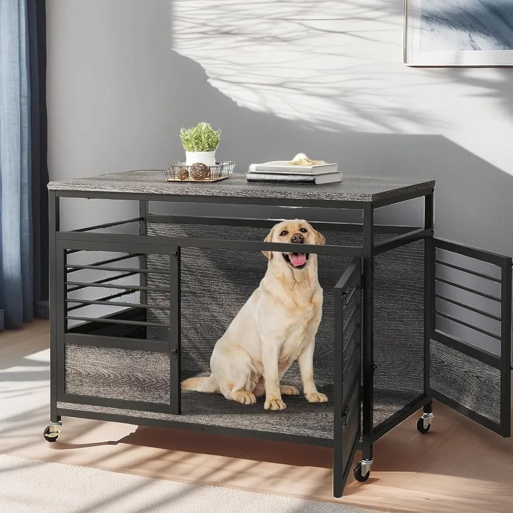 

39" Dog Crate Furniture with Wheels, Farmhouse Decorative Wood Dog Cage End Table Chew-Resistant Wooden Dog Kennel Indoor for S