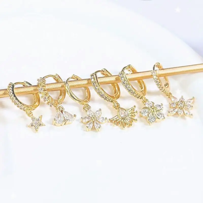 

925 Sterling Silver Needle Exquisite Flower/Star Shape Pendant Earrings Shiny Crystal Hoop Earrings for Women Luxury Jewelry