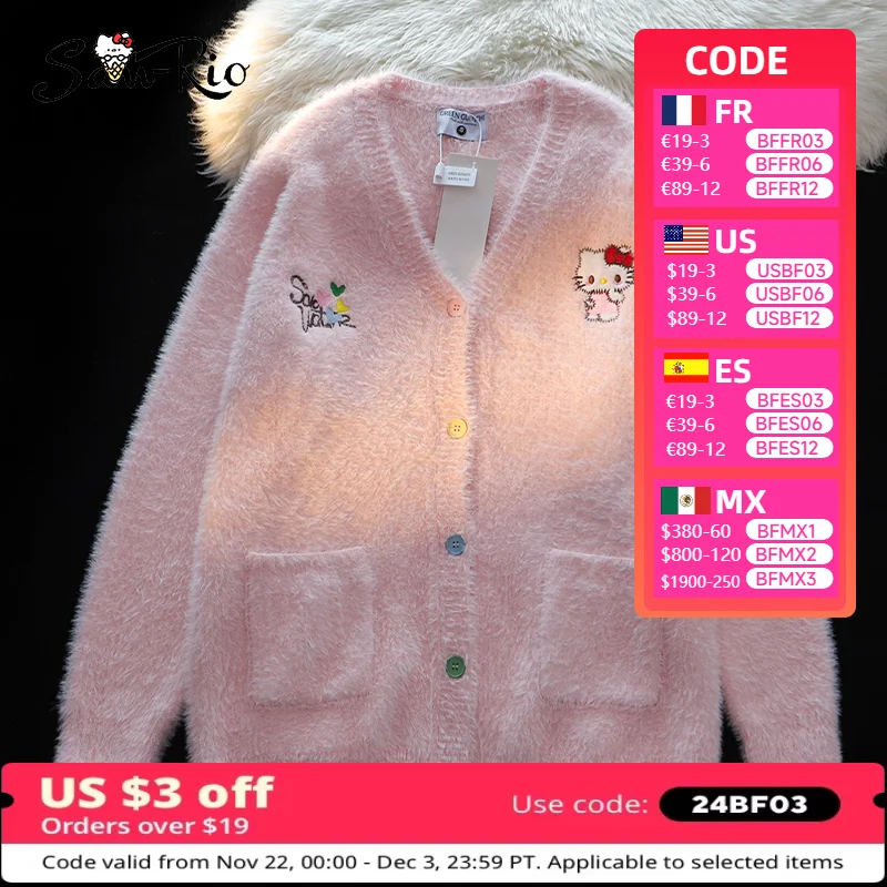 Sanrio Hello Kitty Cardigan for Women Pink Single Breasted Long Sleeve Sweater Plush Warm Ladies Tops Fashionable Loose Jacket