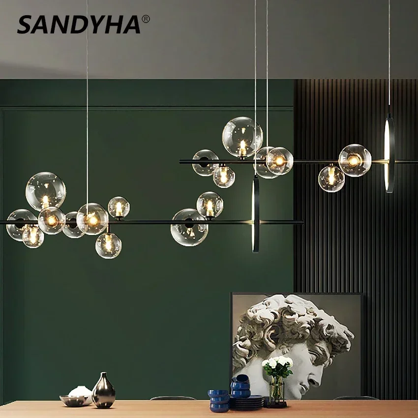 SANDYHA Stylish G9 Suspension Light Metal Glass Bubble Chandelier for Dining Room Kitchen Home Decor Modern Lighting Fixture