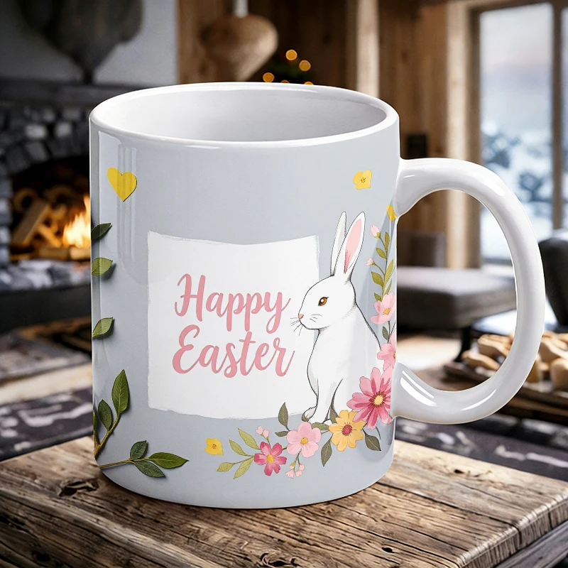 

Happy Easter Bunny Floral Mug, Spring White Rabbit Ceramic Cup, coffee cup, milk cup, office tea cup, gift for friends