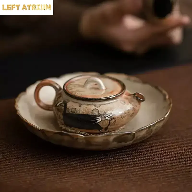 80ml Kiln Transformation Zhiye Cat Stone Pot Hand-painted Silver Lid Mini Pot Brewing Tea Ball Hole Filter Kettle Gongfu Teaware