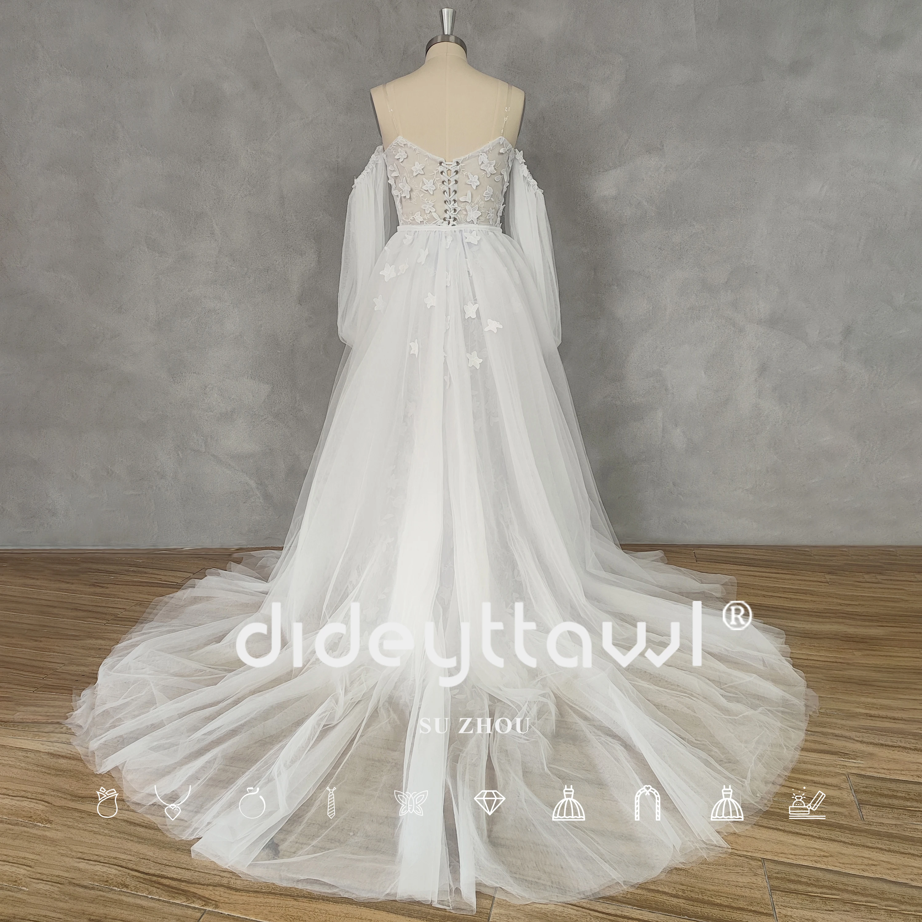 DIDEYTTAWL Real Picture Boat-Neck Off Shoulder Mermaid Wedding Dress  Appliques Lace Up Back Detachable Court Train Bridal Gown