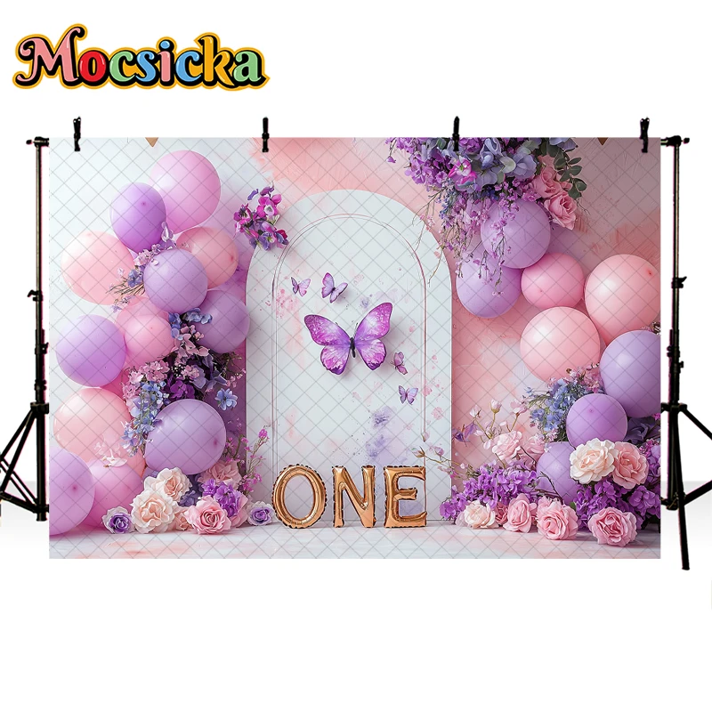 Mocsicka Photography Background Purple Balloons Butterfly Wonderland Girl Birthday Party Cake Smash Decor Photo Backdrop Studio