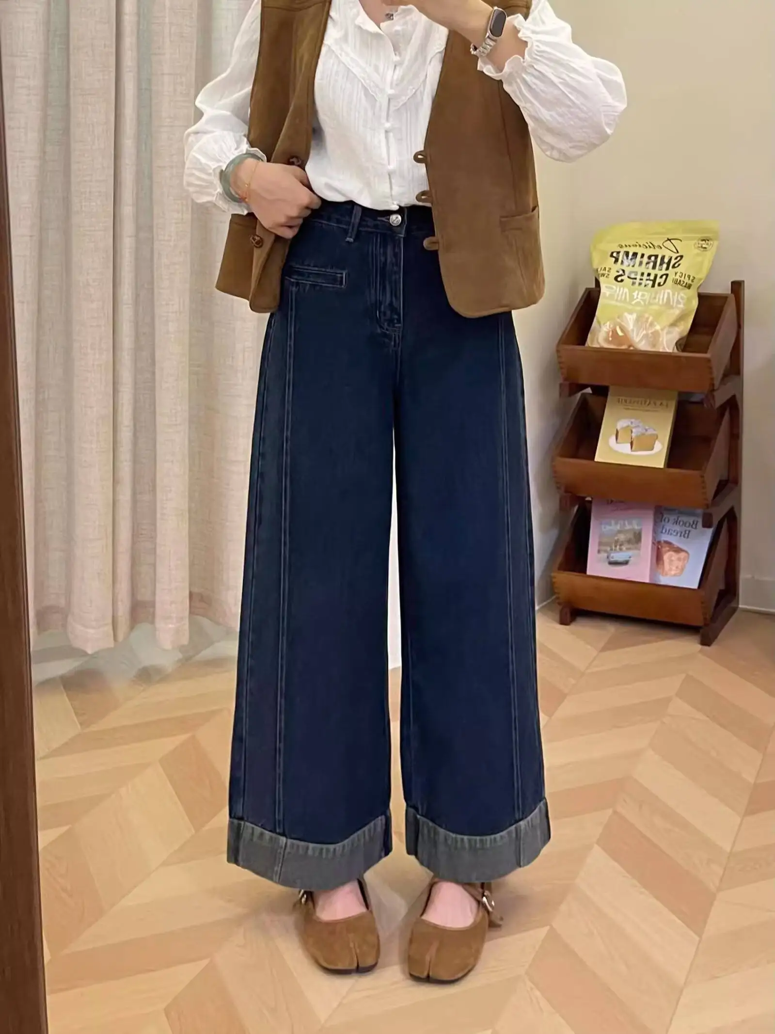 Amerikaanse Sle hoge taille wijde pijpen jeans dames losse pasvorm herfst winter plus maat afslankende rechte negendelige broek