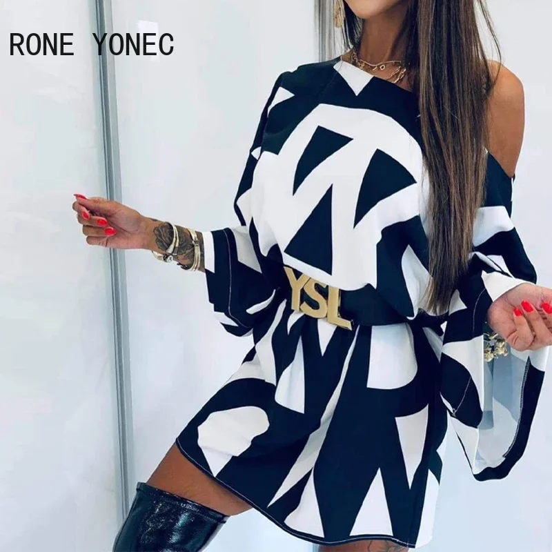 Women One Shoulder Bell Sleeve Abstract Print Dress