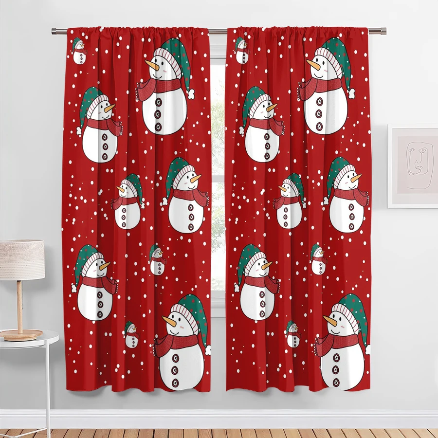 2PCS Red Cartoon Snowman Curtains, Green Hat Scarf Repeat Pattern Christmas Window Drapes for Bedroom Living Room Decor