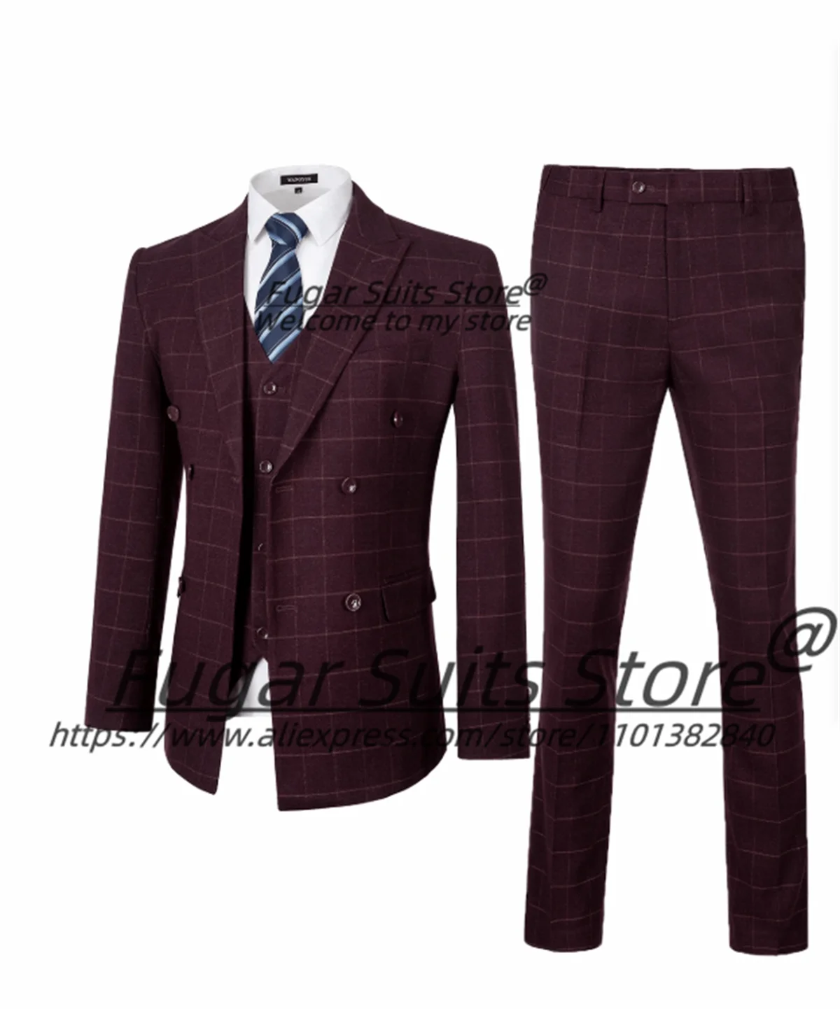 

Business Wine red High-quality Men Suits Slim Fit Peak Lapel Groom Wedding Tuxedos 3 Pcs Sets Classic Male Blazers Costume Homme