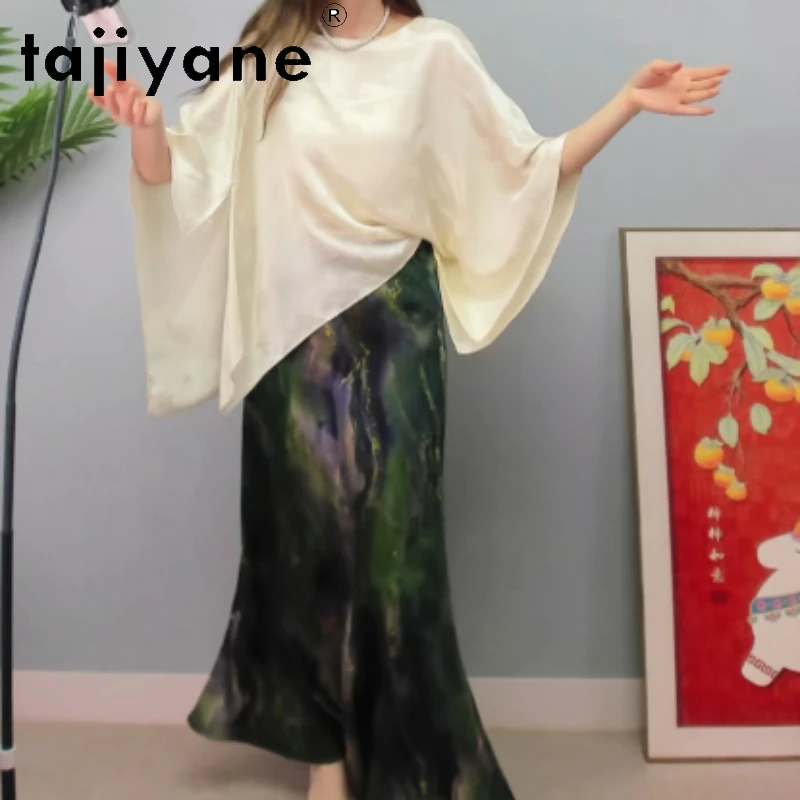 

TAJIYANE 100% шелковые футболки из тутового шелкопряда для женщин, свободная блузка, футболка с рукавами «летучая мышь», летние топы, женская одежда 2026 Футболка