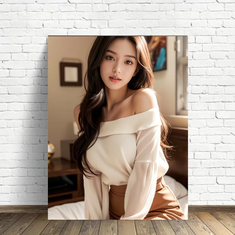  Metal Tin Sign - Vintage Off Shoulder Knit Top Brown Pants Lady Indoor Bedroom Cafe Home Wall Decor Plaque