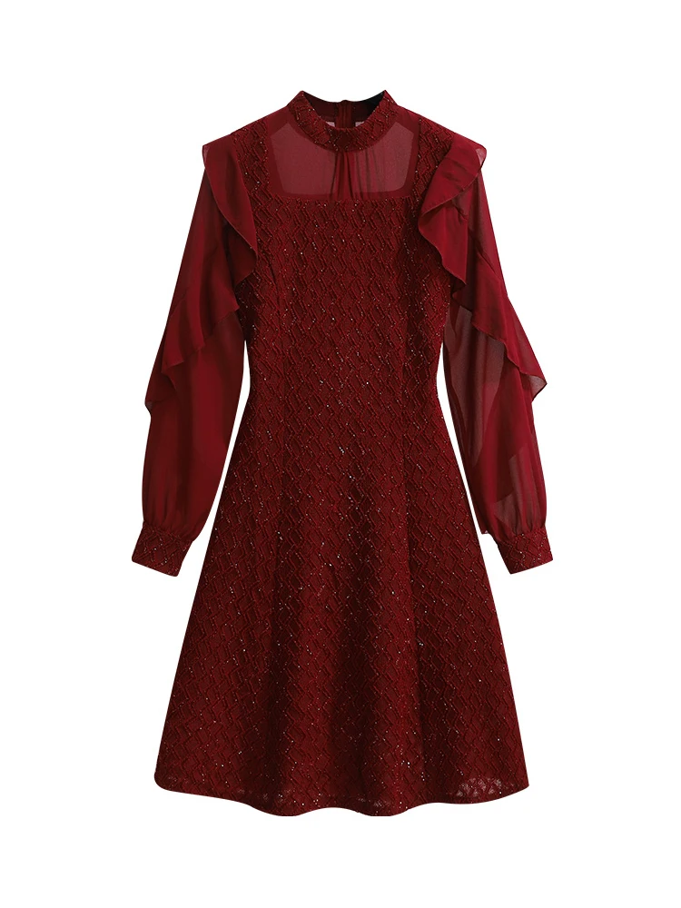 Autumn Winter Stand Collar Ruffles Mesh Patchwork Mini Dress Women Long Sleeve Elegant Fashion Bright Silk A-line Dresses Robe