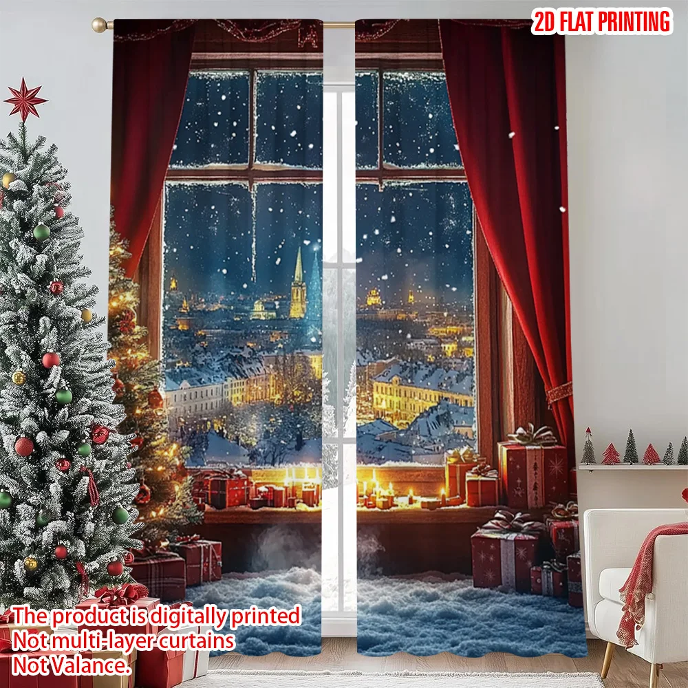 

2pcs 2D flat printing Merry Christmas Popular Window Drapes Christmas Winter 0 Versatile Polyester Without Electricity Birthday