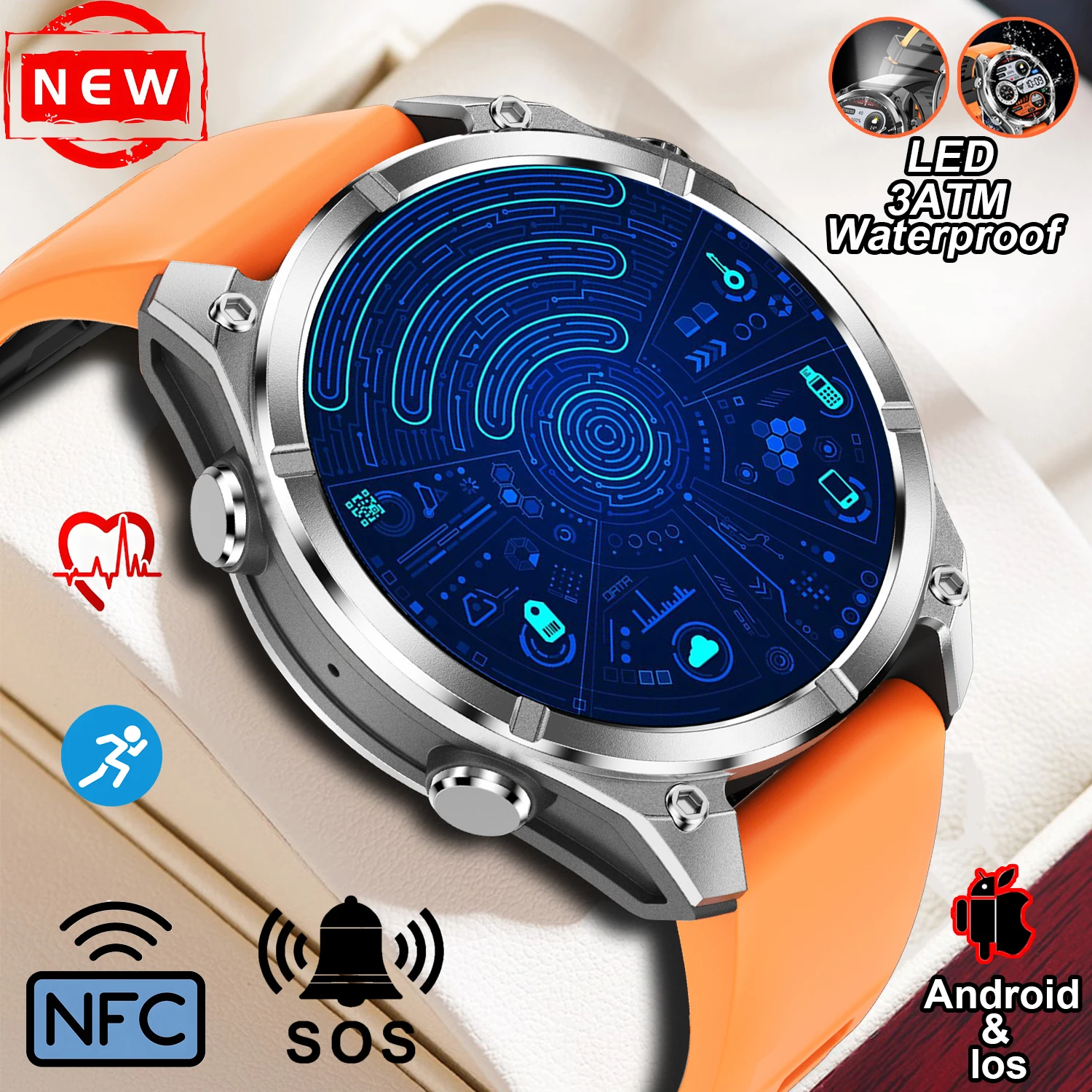 

Новые спортивные умные часы с спутниковым GPS-позицией на открытом воздухе, мужские часы с пульсометром, фитнес-компас, 3 атм, водонепроницаемые, BT5.3, умные часы с вызовом, 2025