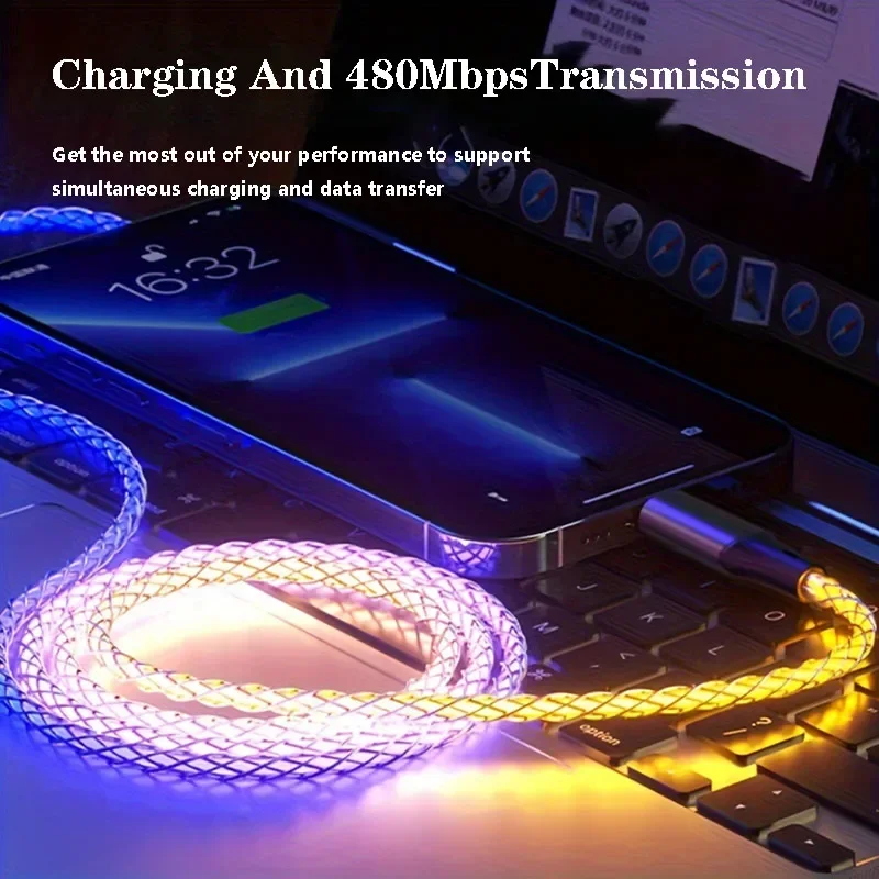 1M Fast Charging RGB Breathing Luminous Gradient Light Data Cable 60W TYPE-C Charger For iPhone 15 Xiaomi Samsung POCO PD Cord
