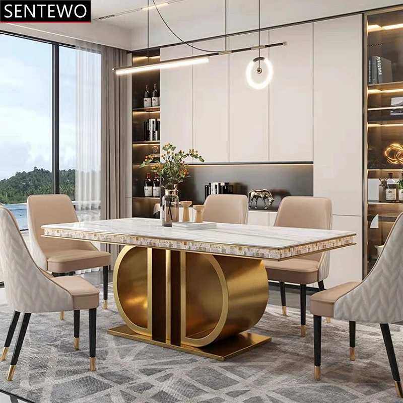 SENTEWO Nordic Luxury Marble Kitchen Dining Tables Chairs Set Metal Titanium Gold Base Table Home Furniture Moveis Para Cozinha