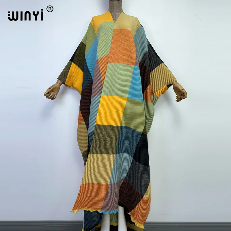 WINYI winter stripe printing cotton Pleated dress Beach Wear elegant Africa women Cardigan Hot Bohemian holiday party Kimono