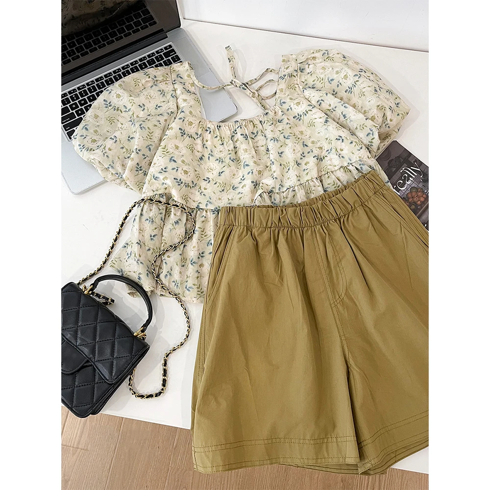 

Women's Floral Print Puff Sleeve Shirt+Elastic Waist Khaki Shorts Set Two Pieces Female Summer Leisure Suits Fashion Streetwear