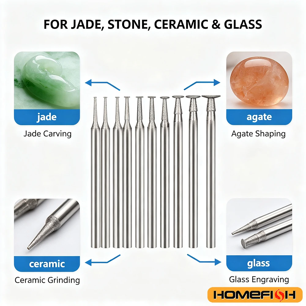 10PCS Grinding Bit Accessory 2.35mm Ultra‑Thin T Head Shank Mounted Point Stone Jade Carve Polish Engrave Tool