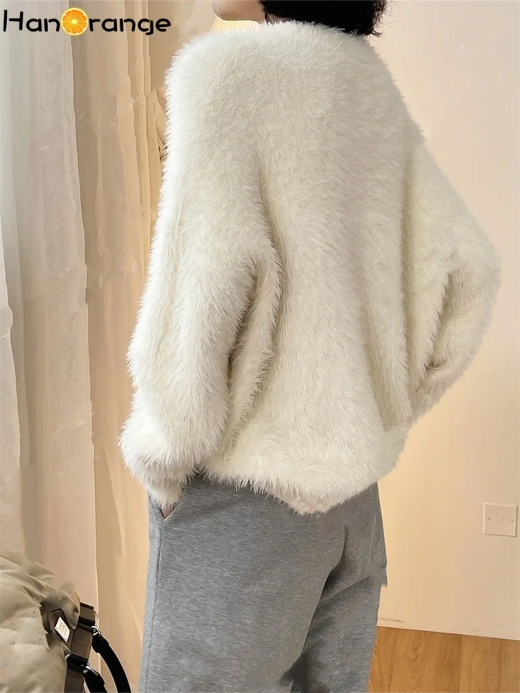 HanOrange 2024 Winter Gentle Plush Imitation Mink Sweater Women Loose Fluffy Warm Sweater White Pullover