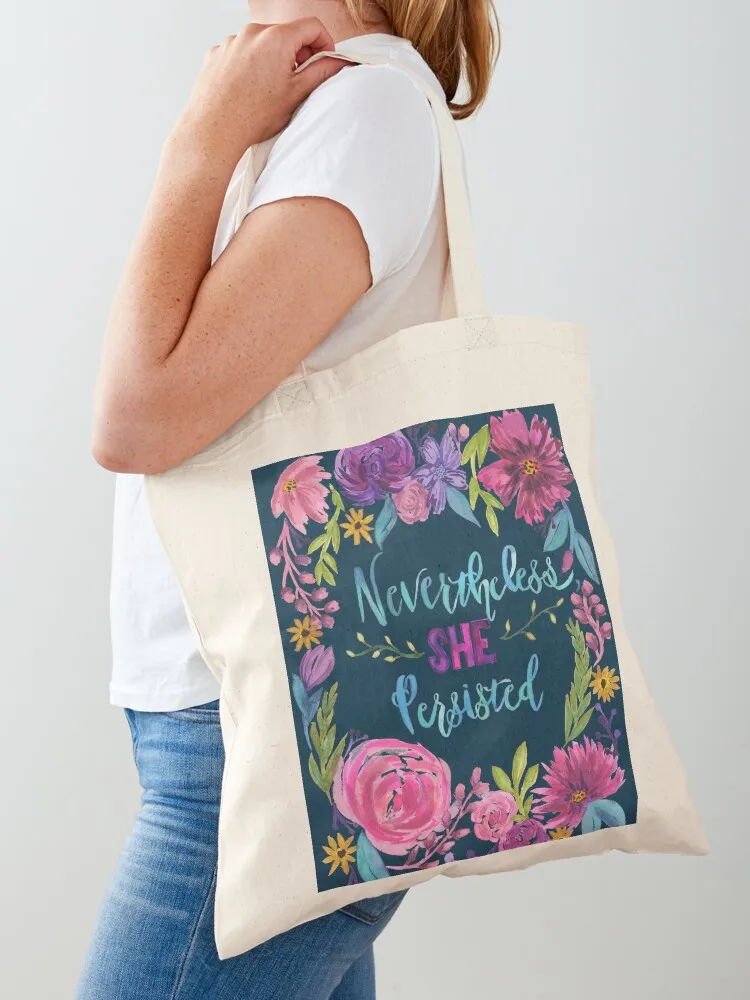 Sac fourre-tout (bleu) « Malgré tout, elle persista » en tissu personnalisé, sac de shopping écologique pliable pour femme