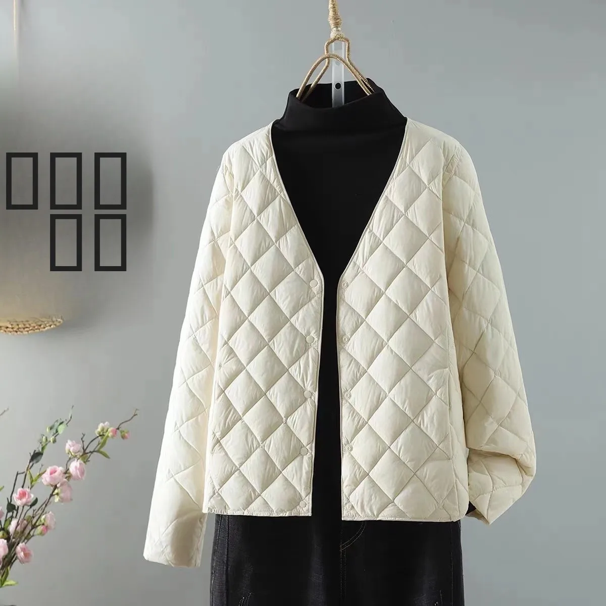 

Slim Fit Short Lightweight V-Neck Diamond Pattern Warm Coat Inner Wear Base Layer Polyester Fiber Long Sleeve Winter Coat