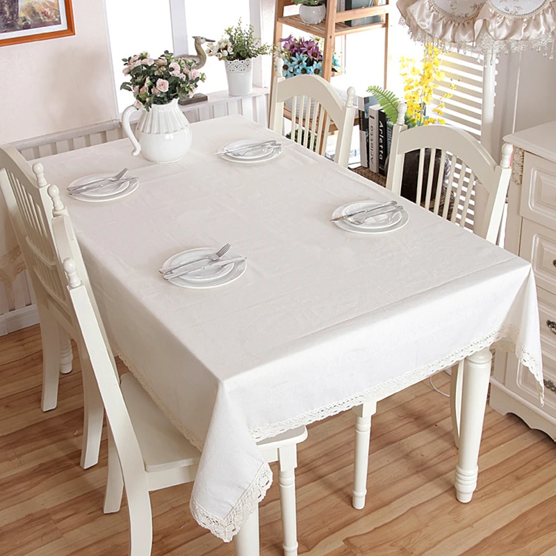 Christmas Linen Cotton Thicken Solid Tablecloth White Lace Hem Splice Washable Coffee Dinner Table Cloth for Wedding Banquet