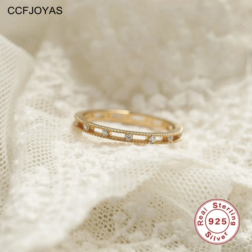 

CCFJOYAS 925 Sterling Silver Plated 14k Gold Geometric Hollow Zircon Ring for Women Simple ins Korean Style Small Fresh Rings