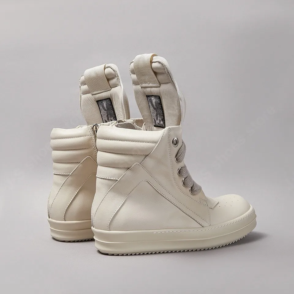 Ricks Herrenschuh elfenbeinweiße Lederstiefel High Top Freizeitschuhe Jumbo Schnürsenkel Owens Leder Reißverschluss Damen Sneaker Stiefel Rindslederschuh