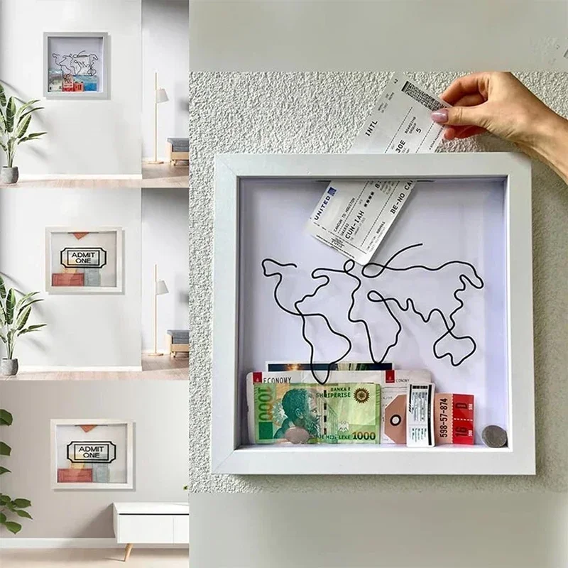 Travel Adventure Archive Box Ticket Bank Money Box Piggy Wooden Coin Saving Kids Fund Box Postcard Souvenir Wall Picture Frame